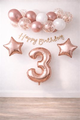 Rose Gold Konsept 3 Yaş Doğum Günü Kutlama Seti; Beyaz Gold Konfetili Balon, Rakam Yıldız Folyo ve Banner