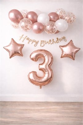 Rose Gold Konsept 3 Yaş Doğum Günü Kutlama Seti; Beyaz Gold Konfetili Balon, Rakam Yıldız Folyo ve Banner