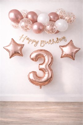 Rose Gold Konsept 3 Yaş Doğum Günü Kutlama Seti; Beyaz Gold Konfetili Balon, Rakam Yıldız Folyo ve Banner