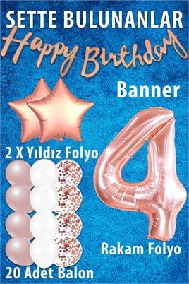 Rose Gold Konsept 4 Yaş Doğum Günü Kutlama Seti; Beyaz Gold Konfetili Balon, Rakam Yıldız Folyo ve Banner