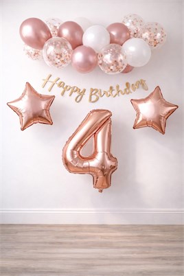 Rose Gold Konsept 4 Yaş Doğum Günü Kutlama Seti; Beyaz Gold Konfetili Balon, Rakam Yıldız Folyo ve Banner