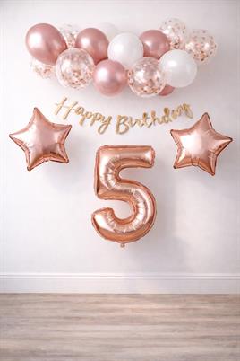 Rose Gold Konsept 5 Yaş Doğum Günü Kutlama Seti; Beyaz Gold Konfetili Balon, Rakam Yıldız Folyo ve Banner
