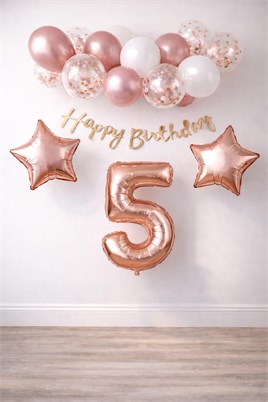 Rose Gold Konsept 5 Yaş Doğum Günü Kutlama Seti; Beyaz Gold Konfetili Balon, Rakam Yıldız Folyo ve Banner