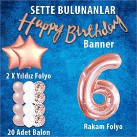 Rose Gold Konsept 6 Yaş Doğum Günü Kutlama Seti; Beyaz Gold Konfetili Balon, Rakam Yıldız Folyo ve Banner
