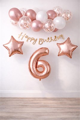 Rose Gold Konsept 6 Yaş Doğum Günü Kutlama Seti; Beyaz Gold Konfetili Balon, Rakam Yıldız Folyo ve Banner