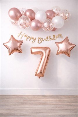 Rose Gold Konsept 7 Yaş Doğum Günü Kutlama Seti; Beyaz Gold Konfetili Balon, Rakam Yıldız Folyo ve Banner