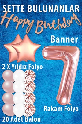 Rose Gold Konsept 7 Yaş Doğum Günü Kutlama Seti; Beyaz Gold Konfetili Balon, Rakam Yıldız Folyo ve Banner