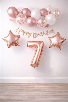 Rose Gold Konsept 7 Yaş Doğum Günü Kutlama Seti; Beyaz Gold Konfetili Balon, Rakam Yıldız Folyo ve Banner