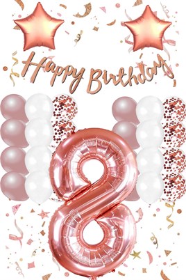 Rose Gold Konsept 8 Yaş Doğum Günü Kutlama Seti; Beyaz Gold Konfetili Balon, Rakam Yıldız Folyo ve Banner
