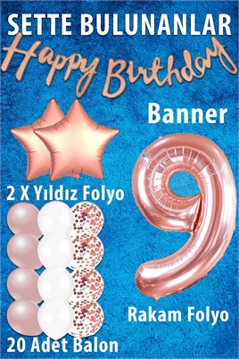 Rose Gold Konsept 9 Yaş Doğum Günü Kutlama Seti; Beyaz Gold Konfetili Balon, Rakam Yıldız Folyo ve Banner