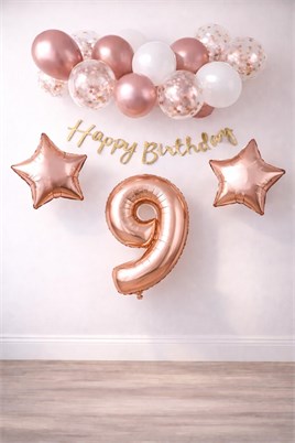 Rose Gold Konsept 9 Yaş Doğum Günü Kutlama Seti; Beyaz Gold Konfetili Balon, Rakam Yıldız Folyo ve Banner