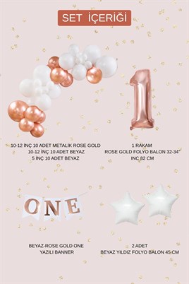 Rose Gold ONE 1 Yaş Doğum Günü Parti Seti – Beyaz ve Rose Gold Balon Süsleme Seti