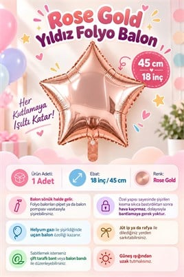 Rose Gold Yıldız Folyo Balon 45 cm - Bebek Çocuk Parti Kutlama