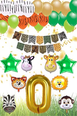 Safari Konsepti 0 Yaş Doğum Günü Parti Kutlama Seti; Rakam ve Yıldız Folyo, Banner ve Balon Zinciri