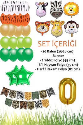 Safari Konsepti 0 Yaş Doğum Günü Parti Kutlama Seti; Rakam ve Yıldız Folyo, Banner ve Balon Zinciri