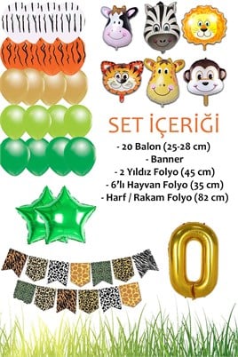 Safari Konsepti 0 Yaş Doğum Günü Parti Kutlama Seti; Rakam ve Yıldız Folyo, Banner ve Balon Zinciri