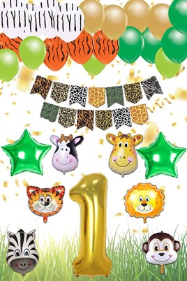 Safari Konsepti 1 Yaş Doğum Günü Parti Kutlama Seti; Rakam ve Yıldız Folyo, Banner ve Balon Zinciri