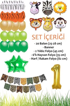 Safari Konsepti 1 Yaş Doğum Günü Parti Kutlama Seti; Rakam ve Yıldız Folyo, Banner ve Balon Zinciri