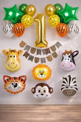 Safari Konsepti 1 Yaş Doğum Günü Parti Kutlama Seti; Rakam ve Yıldız Folyo, Banner ve Balon Zinciri