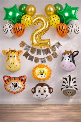 Safari Konsepti 2 Yaş Doğum Günü Parti Kutlama Seti; Rakam ve Yıldız Folyo, Banner ve Balon Zinciri