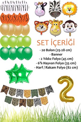 Safari Konsepti 2 Yaş Doğum Günü Parti Kutlama Seti; Rakam ve Yıldız Folyo, Banner ve Balon Zinciri