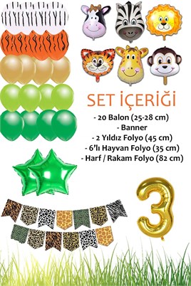 Safari Konsepti 3 Yaş Doğum Günü Parti Kutlama Seti; Rakam ve Yıldız Folyo, Banner ve Balon Zinciri