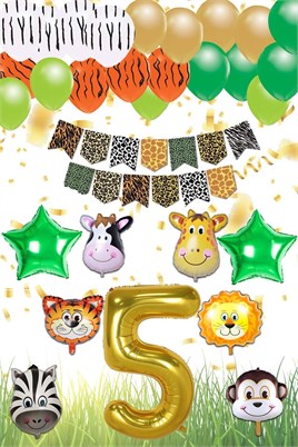 Safari Konsepti 5 Yaş Doğum Günü Parti Kutlama Seti; Rakam ve Yıldız Folyo, Banner ve Balon Zinciri