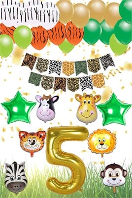 Safari Konsepti 5 Yaş Doğum Günü Parti Kutlama Seti; Rakam ve Yıldız Folyo, Banner ve Balon Zinciri