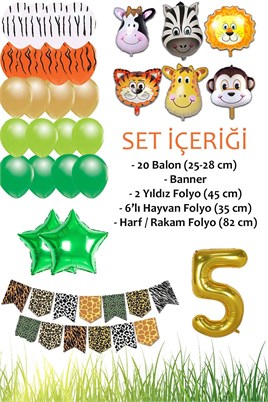 Safari Konsepti 5 Yaş Doğum Günü Parti Kutlama Seti; Rakam ve Yıldız Folyo, Banner ve Balon Zinciri