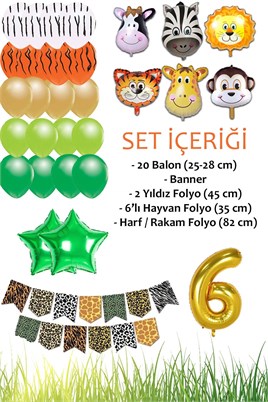 Safari Konsepti 6 Yaş Doğum Günü Parti Kutlama Seti; Rakam ve Yıldız Folyo, Banner ve Balon Zinciri