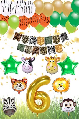 Safari Konsepti 6 Yaş Doğum Günü Parti Kutlama Seti; Rakam ve Yıldız Folyo, Banner ve Balon Zinciri
