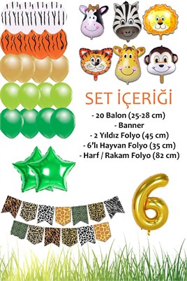 Safari Konsepti 6 Yaş Doğum Günü Parti Kutlama Seti; Rakam ve Yıldız Folyo, Banner ve Balon Zinciri