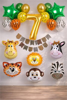 Safari Konsepti 7 Yaş Doğum Günü Parti Kutlama Seti; Rakam ve Yıldız Folyo, Banner ve Balon Zinciri