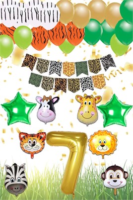 Safari Konsepti 7 Yaş Doğum Günü Parti Kutlama Seti; Rakam ve Yıldız Folyo, Banner ve Balon Zinciri