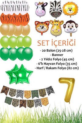 Safari Konsepti 7 Yaş Doğum Günü Parti Kutlama Seti; Rakam ve Yıldız Folyo, Banner ve Balon Zinciri
