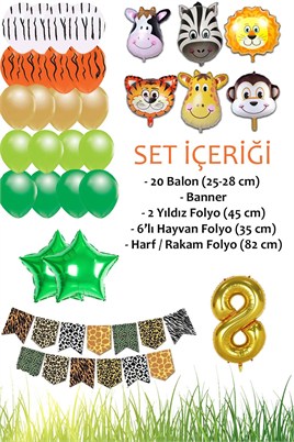 Safari Konsepti 8 Yaş Doğum Günü Parti Kutlama Seti; Rakam ve Yıldız Folyo, Banner ve Balon Zinciri