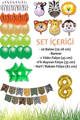 Safari Konsepti 8 Yaş Doğum Günü Parti Kutlama Seti; Rakam ve Yıldız Folyo, Banner ve Balon Zinciri