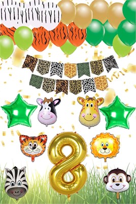 Safari Konsepti 8 Yaş Doğum Günü Parti Kutlama Seti; Rakam ve Yıldız Folyo, Banner ve Balon Zinciri