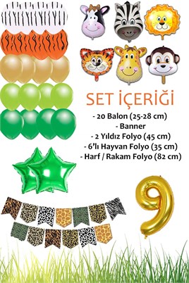 Safari Konsepti 9 Yaş Doğum Günü Parti Kutlama Seti; Rakam ve Yıldız Folyo, Banner ve Balon Zinciri