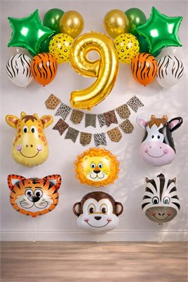 Safari Konsepti 9 Yaş Doğum Günü Parti Kutlama Seti; Rakam ve Yıldız Folyo, Banner ve Balon Zinciri