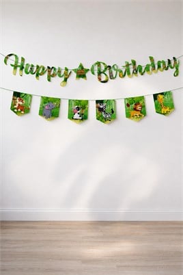 Safari Temalı Happy Birthday Banner Seti – Doğum Günü Yazı Bannerı ve 6’lı Flama Süs