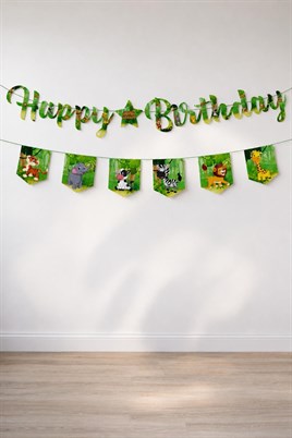 Safari Temalı Happy Birthday Banner Seti – Doğum Günü Yazı Bannerı ve 6’lı Flama Süs