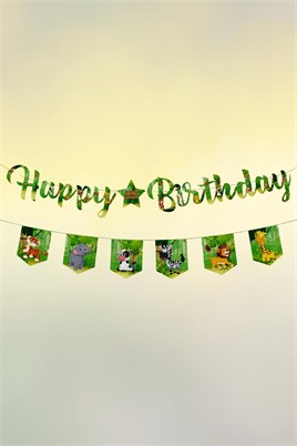 Safari Temalı Happy Birthday Banner Seti – Doğum Günü Yazı Bannerı ve 6’lı Flama Süs