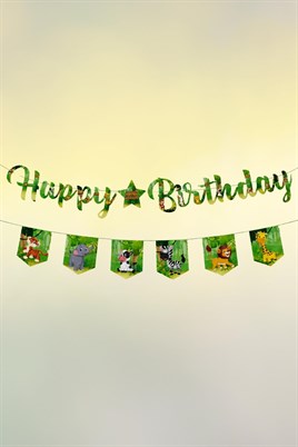 Safari Temalı Happy Birthday Banner Seti – Doğum Günü Yazı Bannerı ve 6’lı Flama Süs