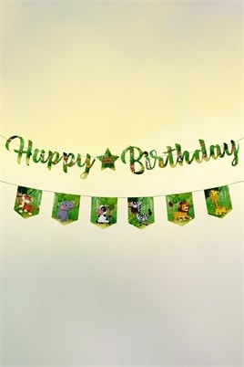 Safari Temalı Happy Birthday Banner Seti – Doğum Günü Yazı Bannerı ve 6’lı Flama Süs