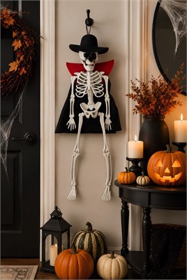Şapkalı Pelerinli İskelet Kapı Süsü Halloween Cadılar Bayramı Parti Malzemesi 43 Cm