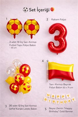 Sarı Kırmızı Futbol Temalı 3 Yaş Doğum Günü Balon Seti