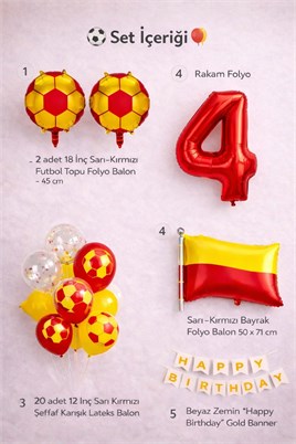 Sarı Kırmızı Futbol Temalı 4 Yaş Doğum Günü Balon Seti