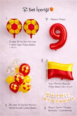 Sarı Kırmızı Futbol Temalı 9 Yaş Doğum Günü Balon Seti