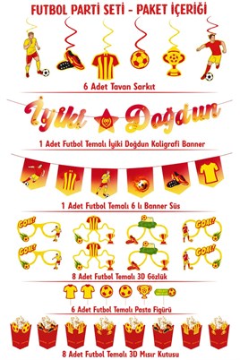 Sarı Kırmızı Futbol Temalı Doğum Günü Parti Seti– İyi Ki Doğdun Banner, Tavan Sarkıt, Gözlük, Pasta Süsü ve Mısır Kutusu